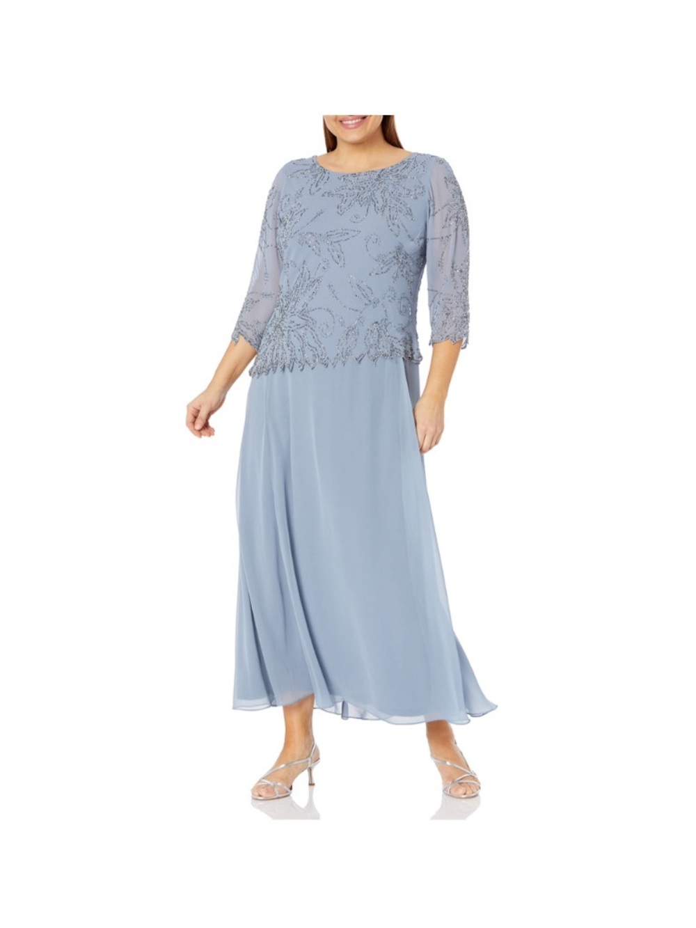 J Kara Women's 3/4 Sleeve Long Beaded Floral Design, Dusty Blue/Multi, 8